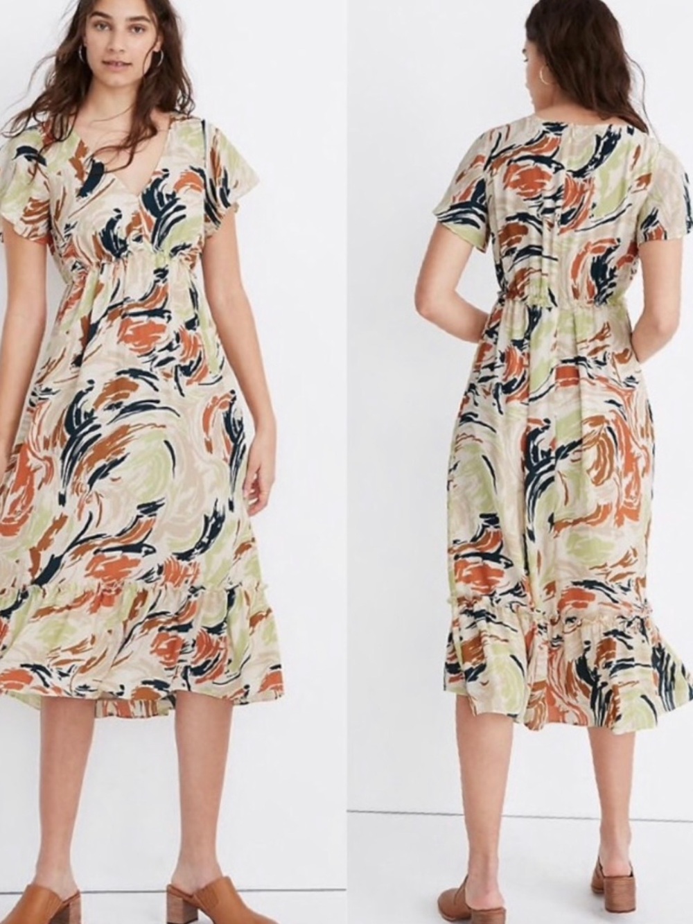 Madewell Flutter-Sleeve Ruffle-Waist Midi Dress Brushing Up 14 Chiffon Fall